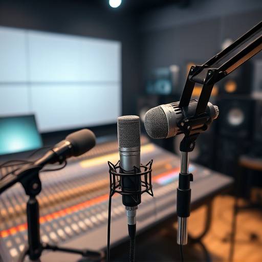 Equipamento de estüdio de gravaäão, incluindo microfones, mesa de mixagem e monitores de áudio.