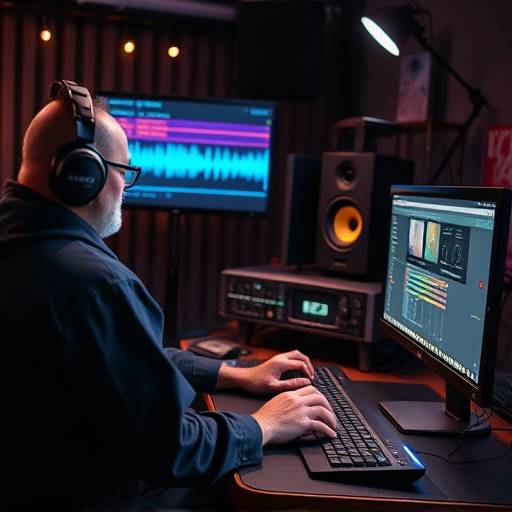 Um designer de som trabalhando em um computador, criando efeitos sonoros para um filme.