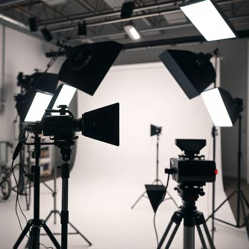 Um fotógrafo profissional tirando fotos em um estüdio, com luzes e equipamentos fotográficos.