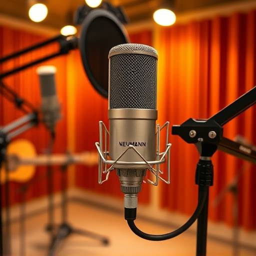 Um microfone Neumann U87 em um estüdio de gravaäão, pronto para capturar vocais.