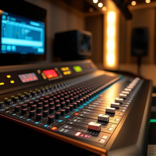 Uma mesa de mixagem profissional com vários faders e knobs, usada para mixar e masterizar áudio.
